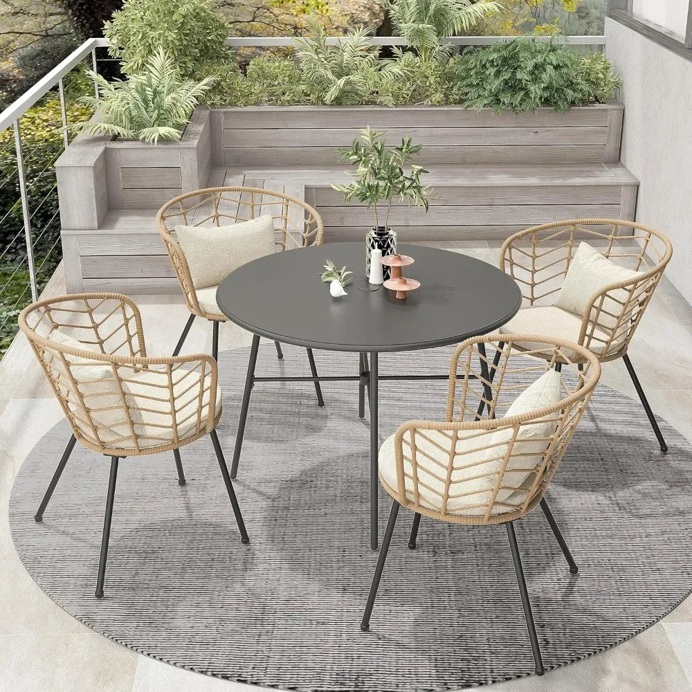 5-Piece Outdoor Dining Set, Patio Dining Table Chair Set, 1 Round Dining Table with Umbrella Hole and 4 Metal Frame Wicker