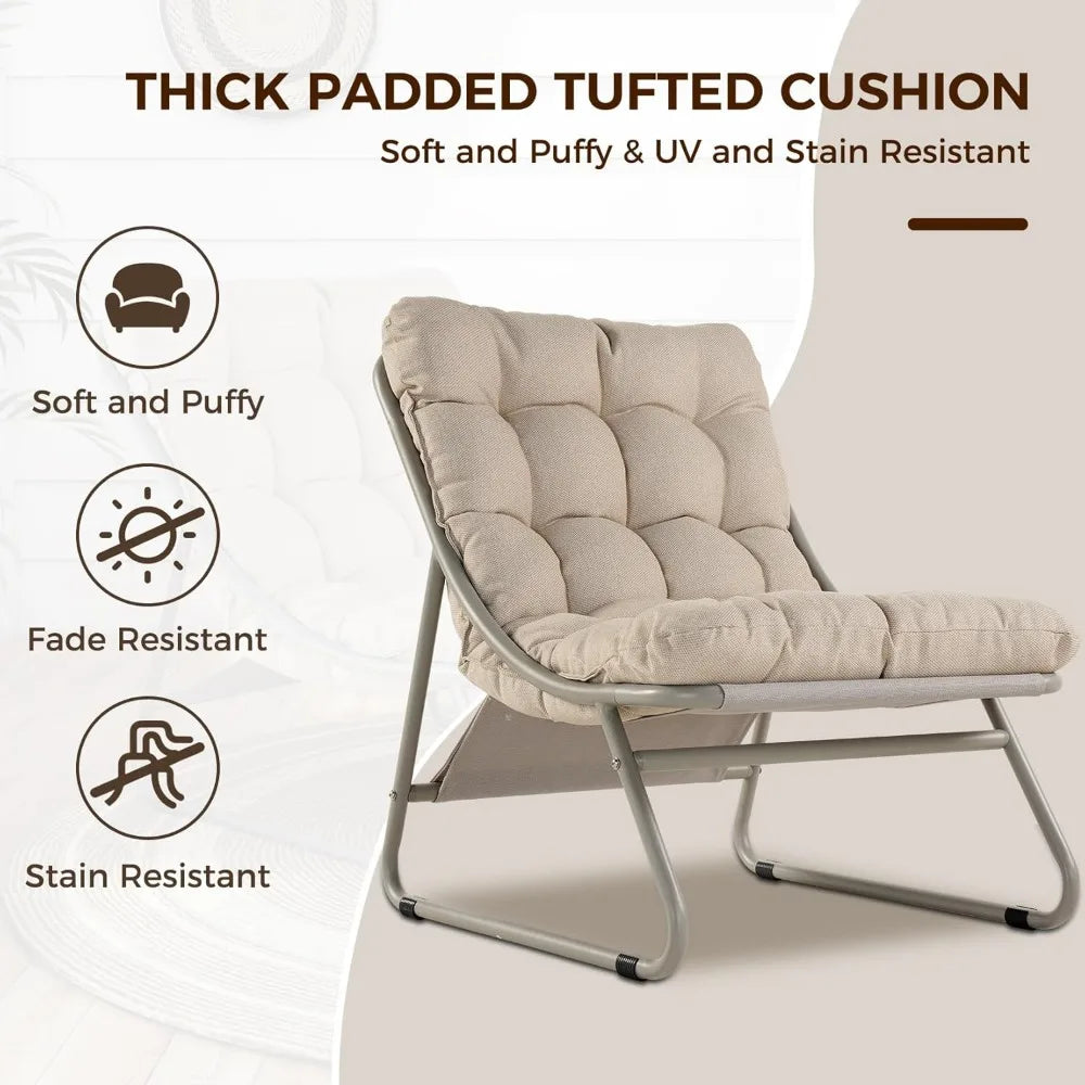 Outdoor Lounge Chair with Foot Stool, Comfy Sling Recliner Chair with Puffy Cushion and Foot Rest, Modern Patio Furniture Set f