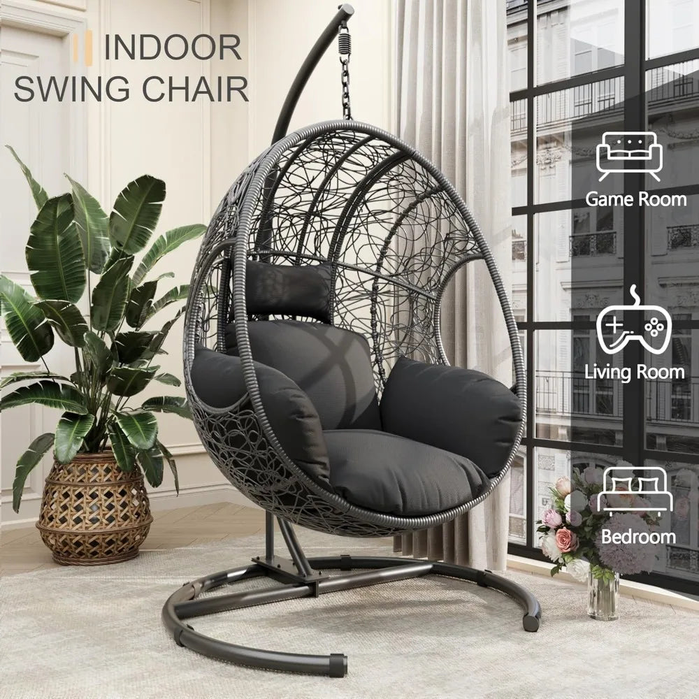 Oversized Hanging Egg Chair Outdoor Indoor, Wicker Swing Egg Chair with Stand 400lbs Capacity for Bedroom, Patio, Garden and Bal