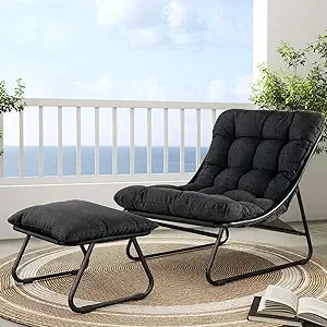 Outdoor Lounge Chair with Foot Stool, Comfy Sling Recliner Chair with Puffy Cushion and Foot Rest, Modern Patio Furniture Set f