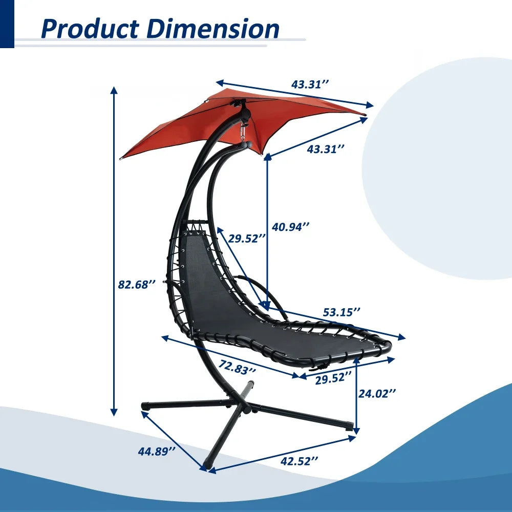 Hanging Chaise Lounger With Removable Canopy, Outdoor Swing Chair With Built-in Pillow, Hanging Curved Chaise Lounge Chair Swing