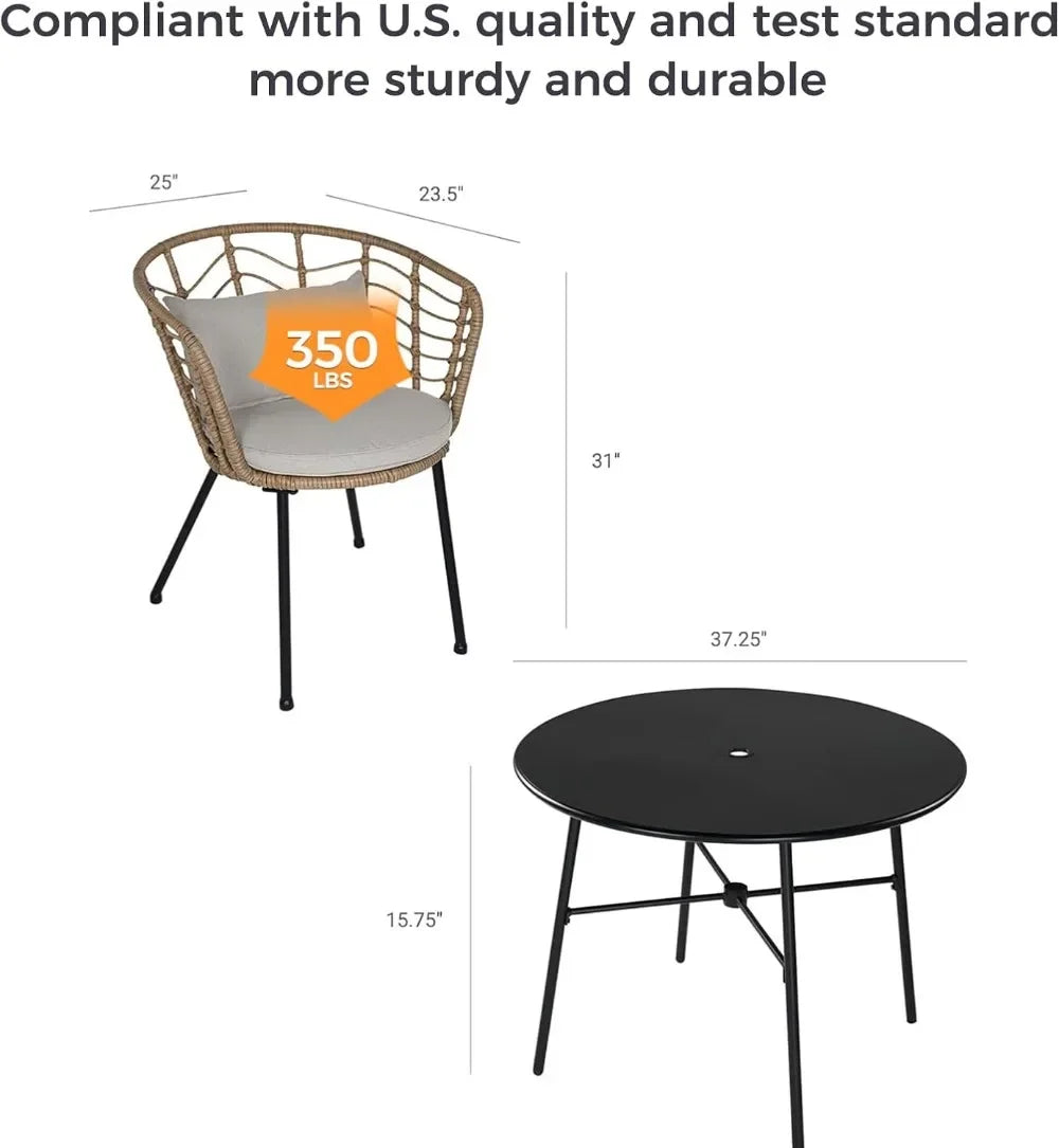 5-Piece Outdoor Dining Set, Patio Dining Table Chair Set, 1 Round Dining Table with Umbrella Hole and 4 Metal Frame Wicker