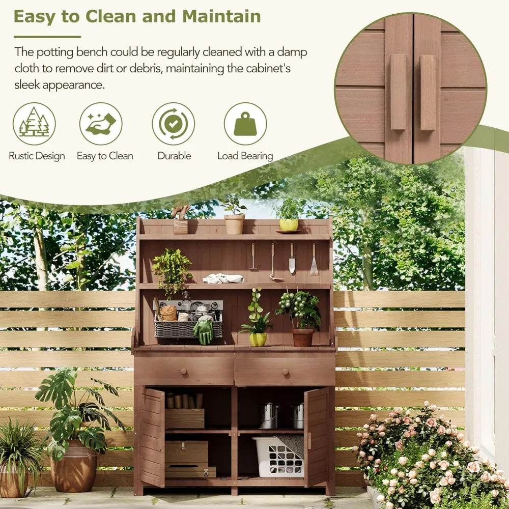 Garden Potting Bench Table, Fir Wood Workstation with Storage Shelf, Drawer and Cabinet, Brown