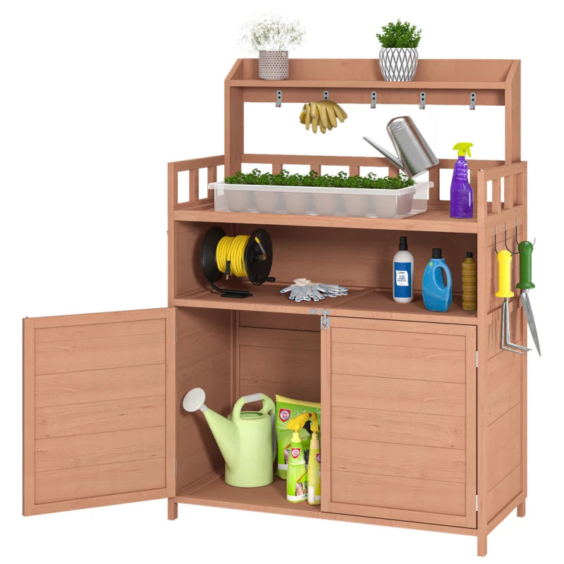 Outdoor potted plant workbench, garden planting workstation, terrace with storage cabinet and roof rack, side with hooks