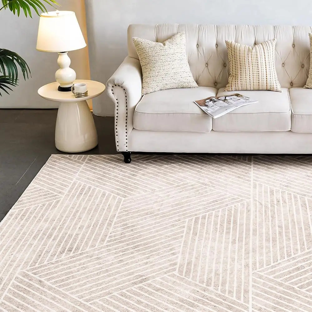 8X10 Washable Area Rug Beige, Geometric Neutral Design,