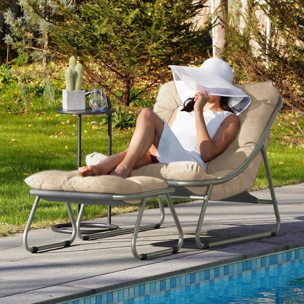 Outdoor Lounge Chair with Foot Stool, Comfy Sling Recliner Chair with Puffy Cushion and Foot Rest, Modern Patio Furniture Set f