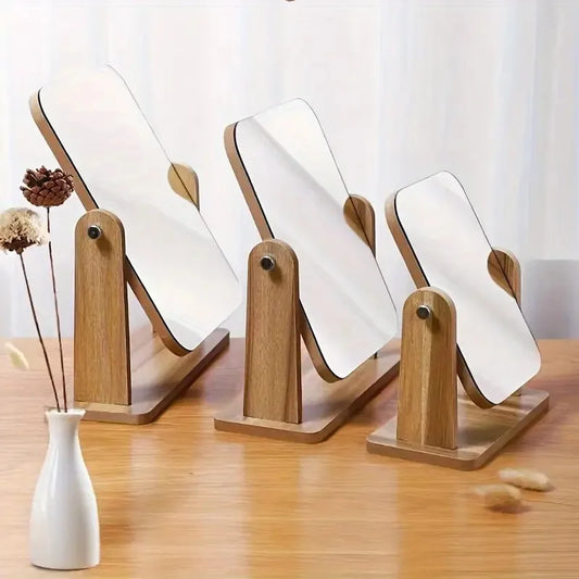 1pc Wooden Rotating Desktop Makeup Mirror, Vanity Mirror for Daily Skincare & Makeup, Bedroom Bathroom Mirror Decoration