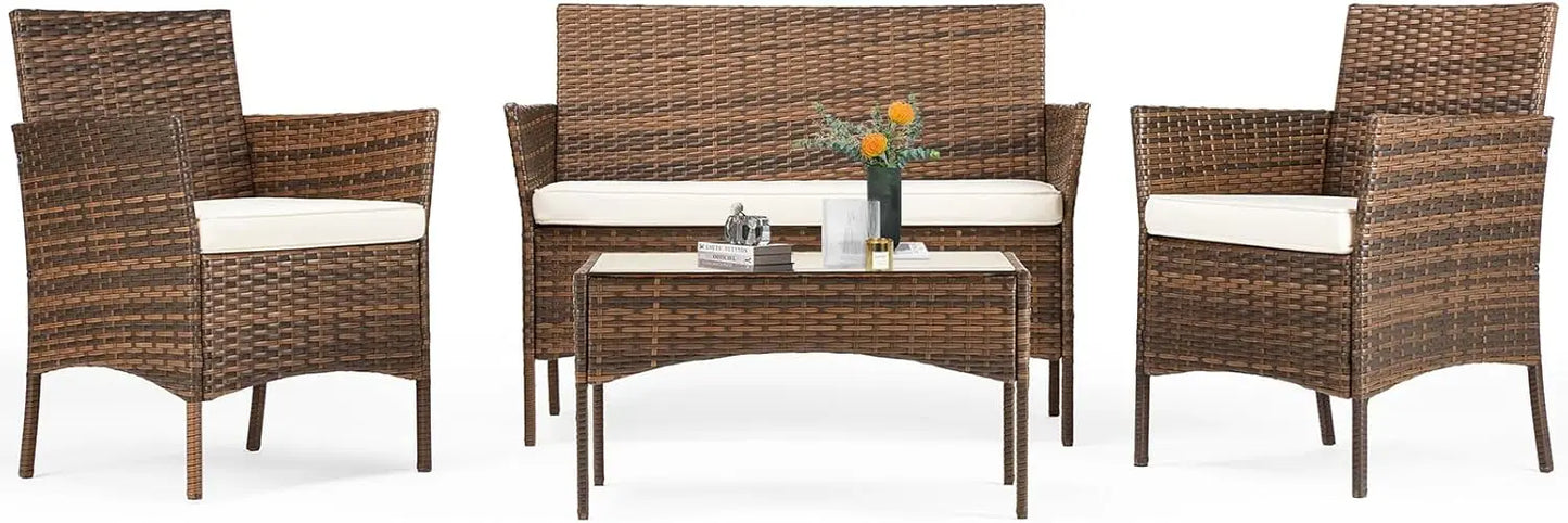 Outdoor Furniture with Soft Cushion and Glass Table,
