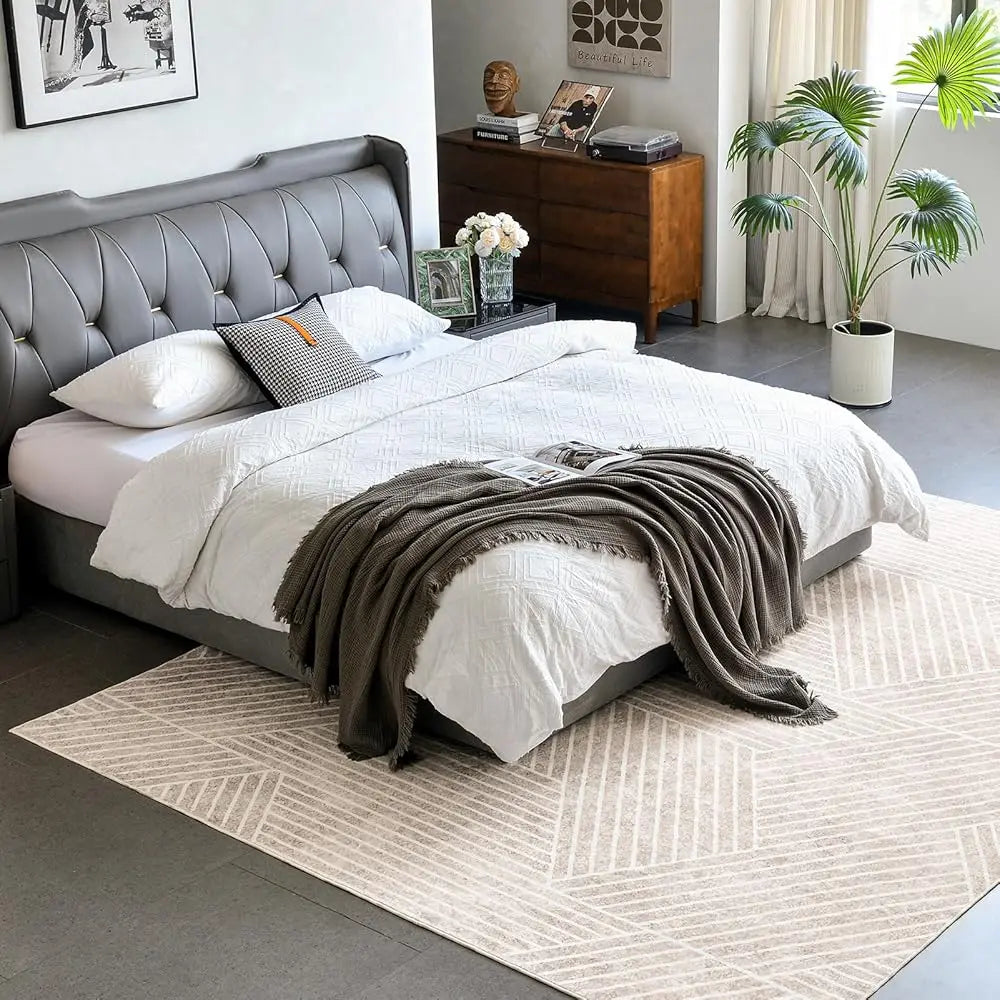 8X10 Washable Area Rug Beige, Geometric Neutral Design,