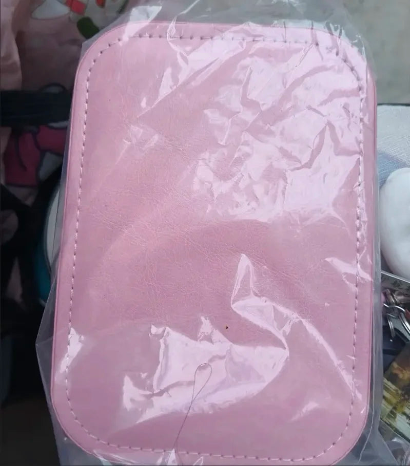 Portable LED Vanity Mirror with USB Charging, Pink Leather Case, Jewelry Storage, Rechargeable & Foldable for Travel, Students,