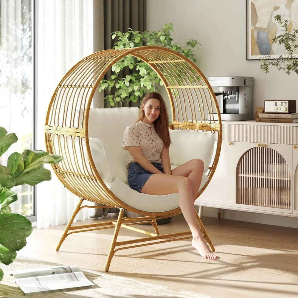 Egg Chair Outdoor Indoor, Oversized Rattan Chair with Thicken Cushion, 350LBS Capacity Wicker Patio Lounge Chair, Basket Chair f