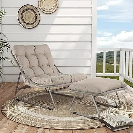 Outdoor Lounge Chair with Foot Stool, Comfy Sling Recliner Chair with Puffy Cushion and Foot Rest, Modern Patio Furniture Set f