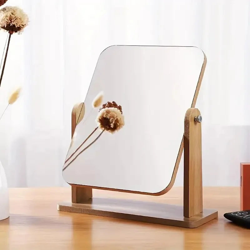 1pc Wooden Rotating Desktop Makeup Mirror, Vanity Mirror for Daily Skincare & Makeup, Bedroom Bathroom Mirror Decoration