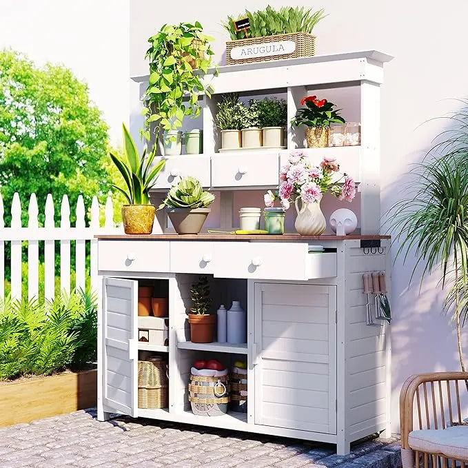 Large Outdoor Potting Table with Storage, Wood Garden Potting Bench, Garden Work Bench, 65 inch Outdoor Potting Bench Table