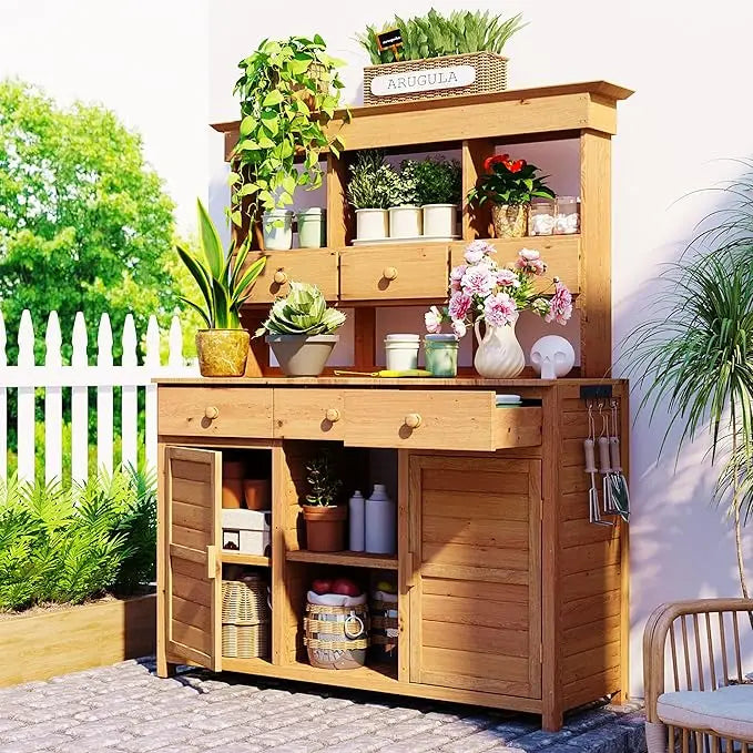 Large Outdoor Potting Table with Storage, Wood Garden Potting Bench, Garden Work Bench, 65 inch Outdoor Potting Bench Table
