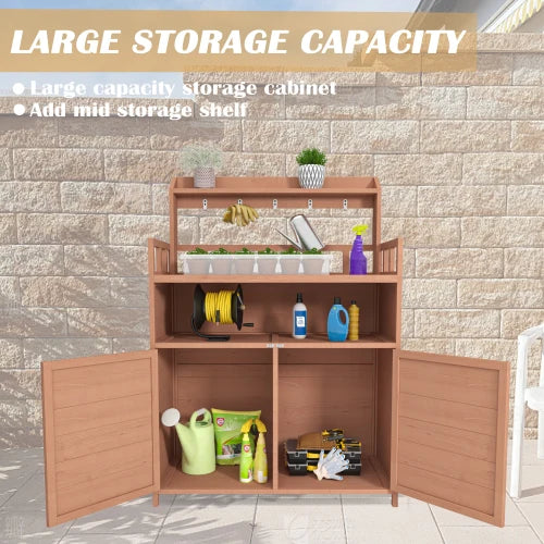 Outdoor potted plant workbench, garden planting workstation, terrace with storage cabinet and roof rack, side with hooks