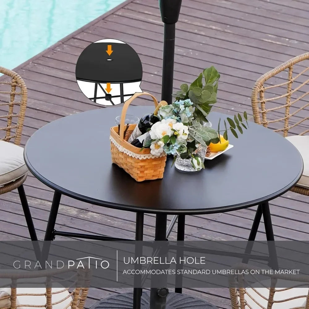 5-Piece Outdoor Dining Set, Patio Dining Table Chair Set, 1 Round Dining Table with Umbrella Hole and 4 Metal Frame Wicker
