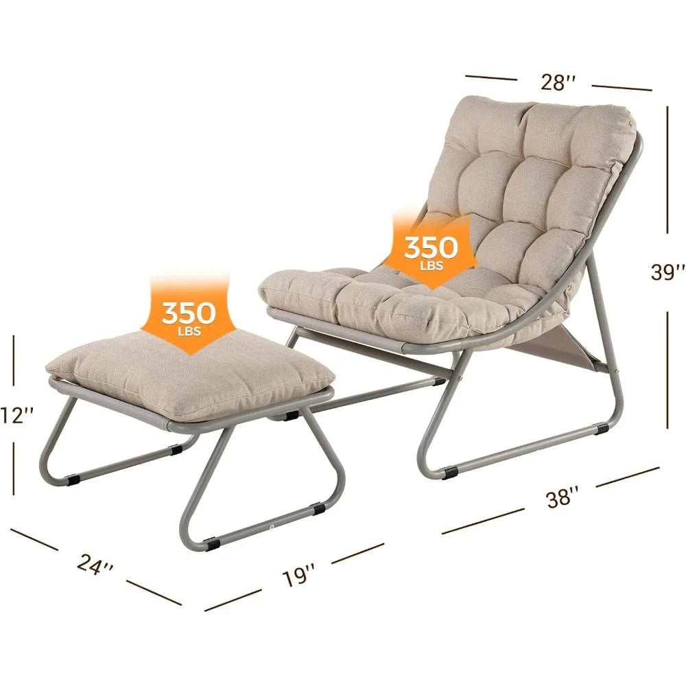 Outdoor Lounge Chair with Foot Stool, Comfy Sling Recliner Chair with Puffy Cushion and Foot Rest, Modern Patio Furniture Set f