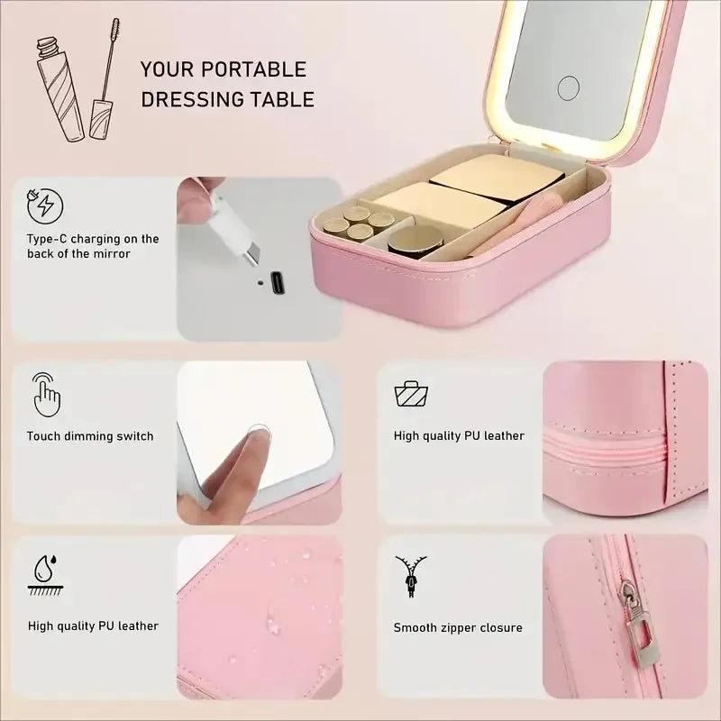 Portable LED Vanity Mirror with USB Charging, Pink Leather Case, Jewelry Storage, Rechargeable & Foldable for Travel, Students,