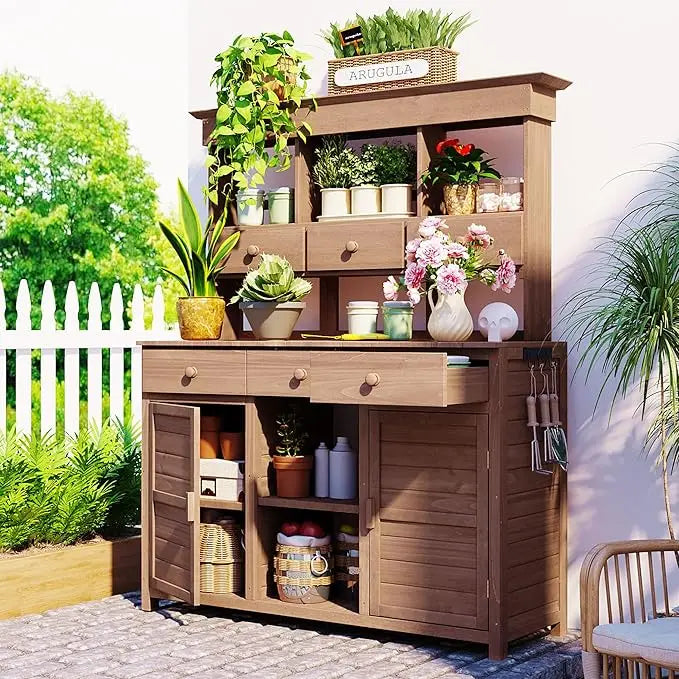 Large Outdoor Potting Table with Storage, Wood Garden Potting Bench, Garden Work Bench, 65 inch Outdoor Potting Bench Table