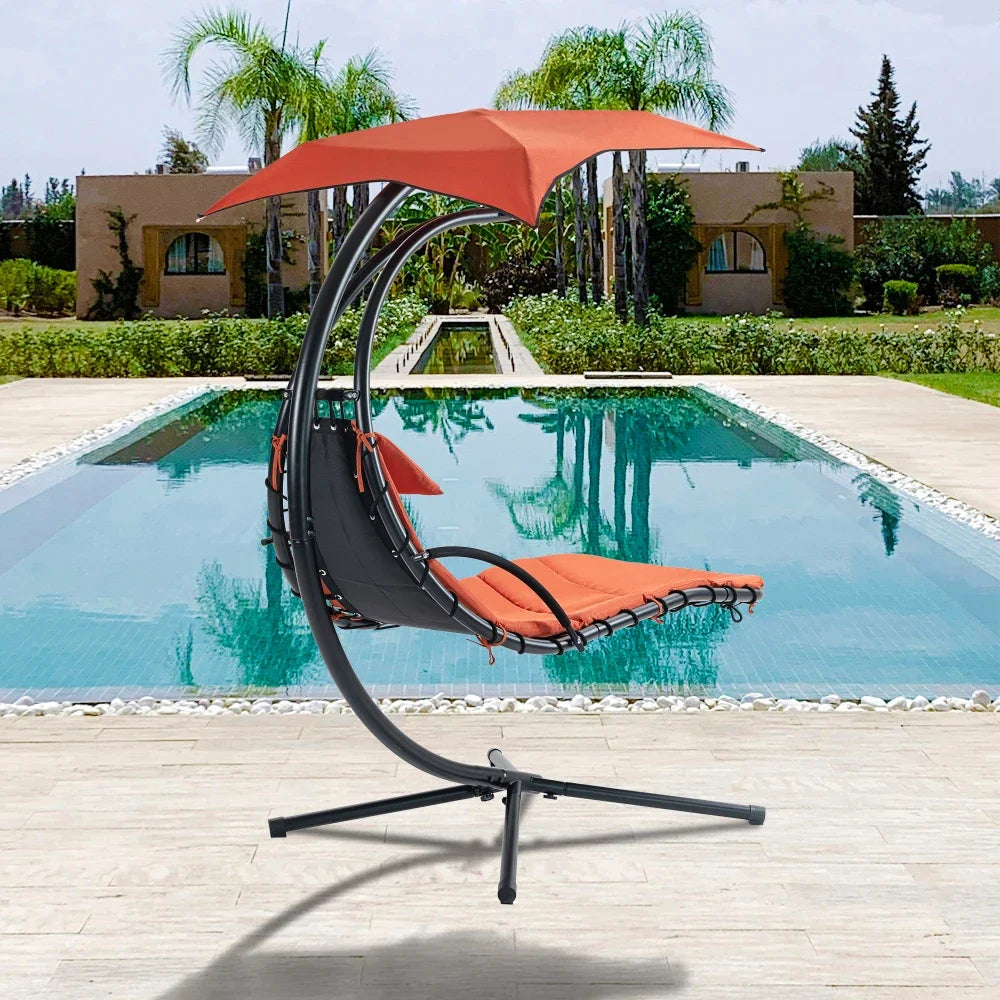 Hanging Chaise Lounger With Removable Canopy, Outdoor Swing Chair With Built-in Pillow, Hanging Curved Chaise Lounge Chair Swing