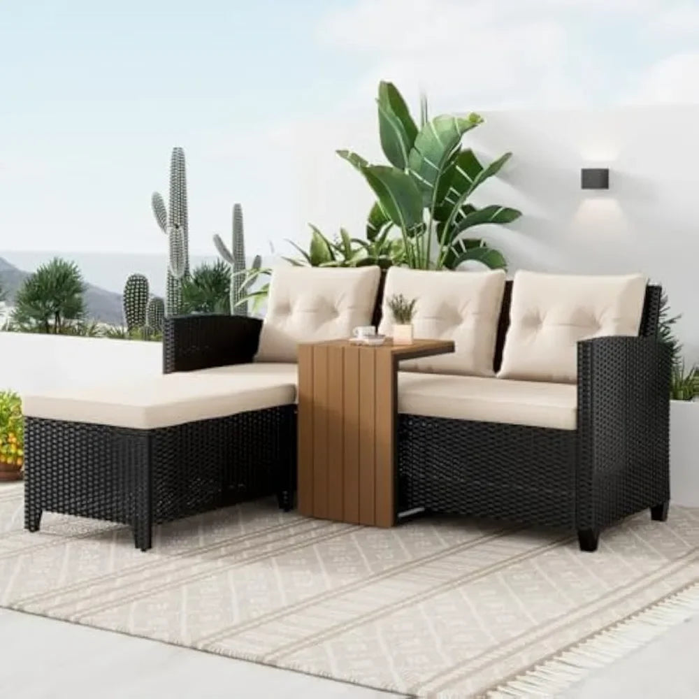 Patio Conversation Set - 3 Piece Patio Sectional Sofa Set, Coffee Table, Black/Beige