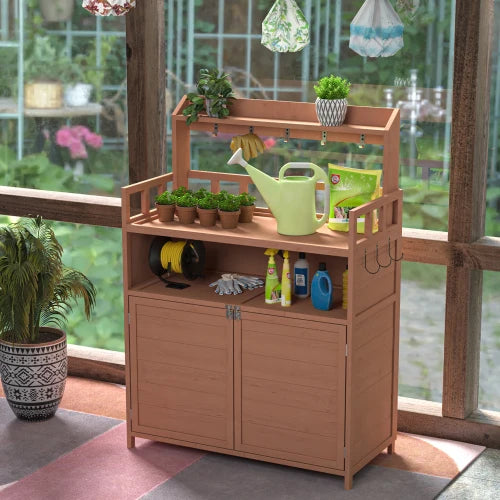 Outdoor potted plant workbench, garden planting workstation, terrace with storage cabinet and roof rack, side with hooks