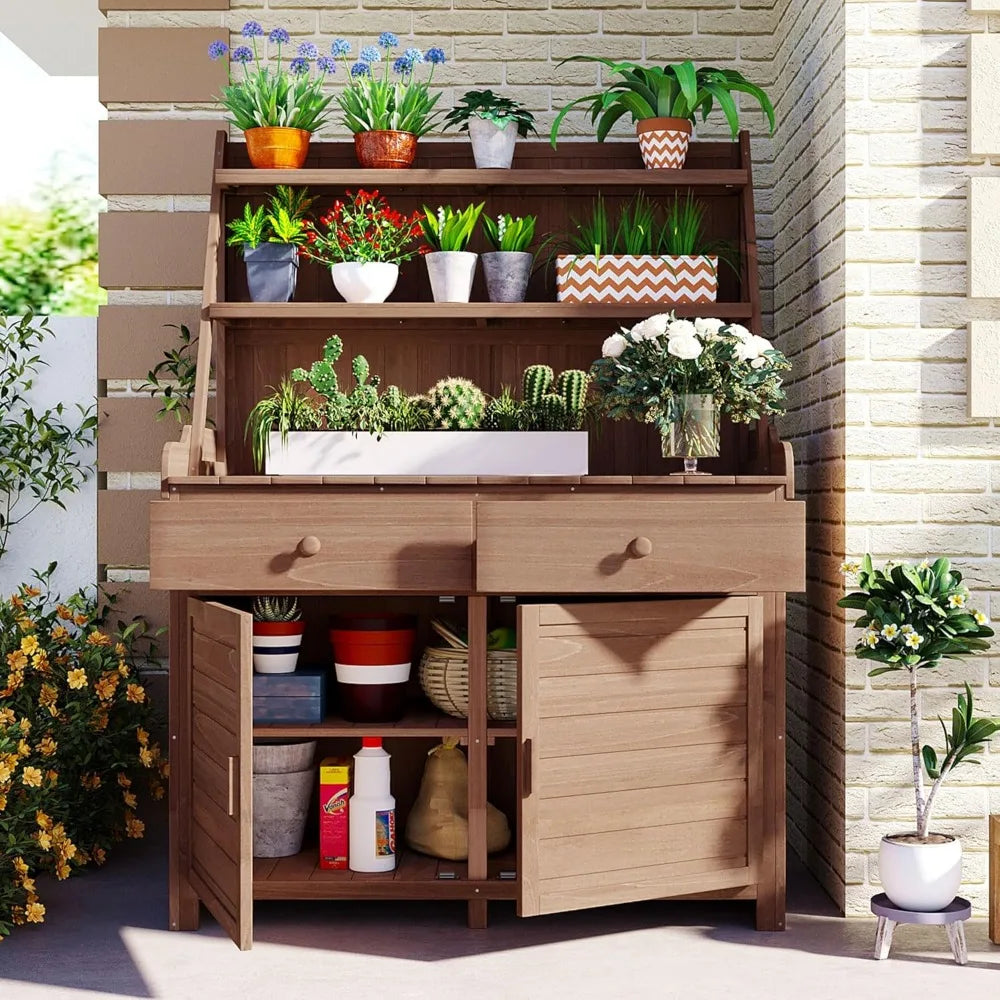 Garden Potting Bench Table, Fir Wood Workstation with Storage Shelf, Drawer and Cabinet, Brown
