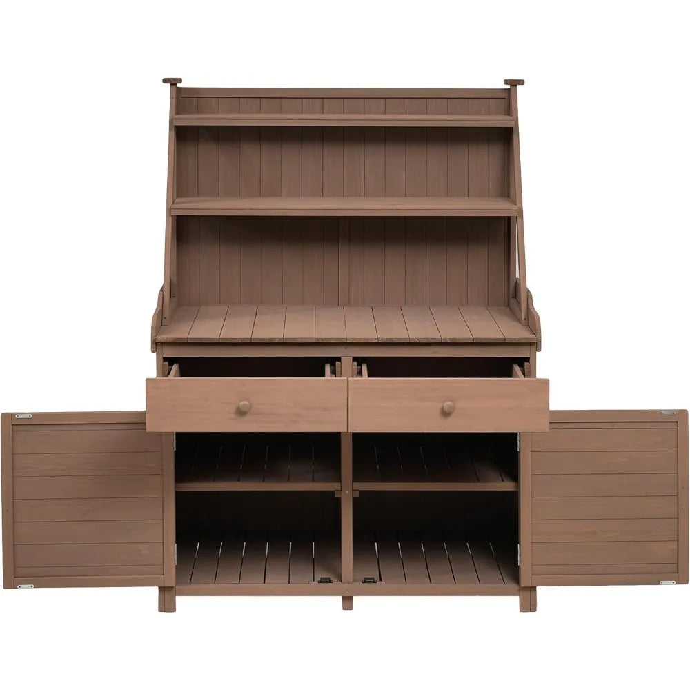 Garden Potting Bench Table, Fir Wood Workstation with Storage Shelf, Drawer and Cabinet, Brown