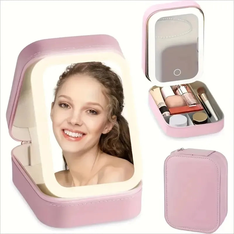 Portable LED Vanity Mirror with USB Charging, Pink Leather Case, Jewelry Storage, Rechargeable & Foldable for Travel, Students,