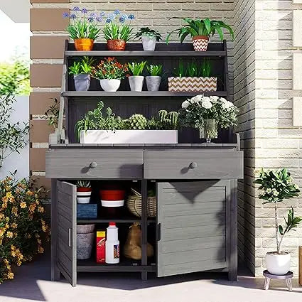 Garden Potting Bench Table, Fir Wood Workstation with Storage Shelf, Drawer and Cabinet, Brown