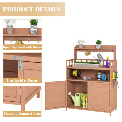 Outdoor potted plant workbench, garden planting workstation, terrace with storage cabinet and roof rack, side with hooks