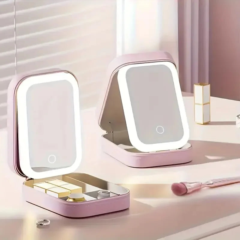 Portable LED Vanity Mirror with USB Charging, Pink Leather Case, Jewelry Storage, Rechargeable & Foldable for Travel, Students,