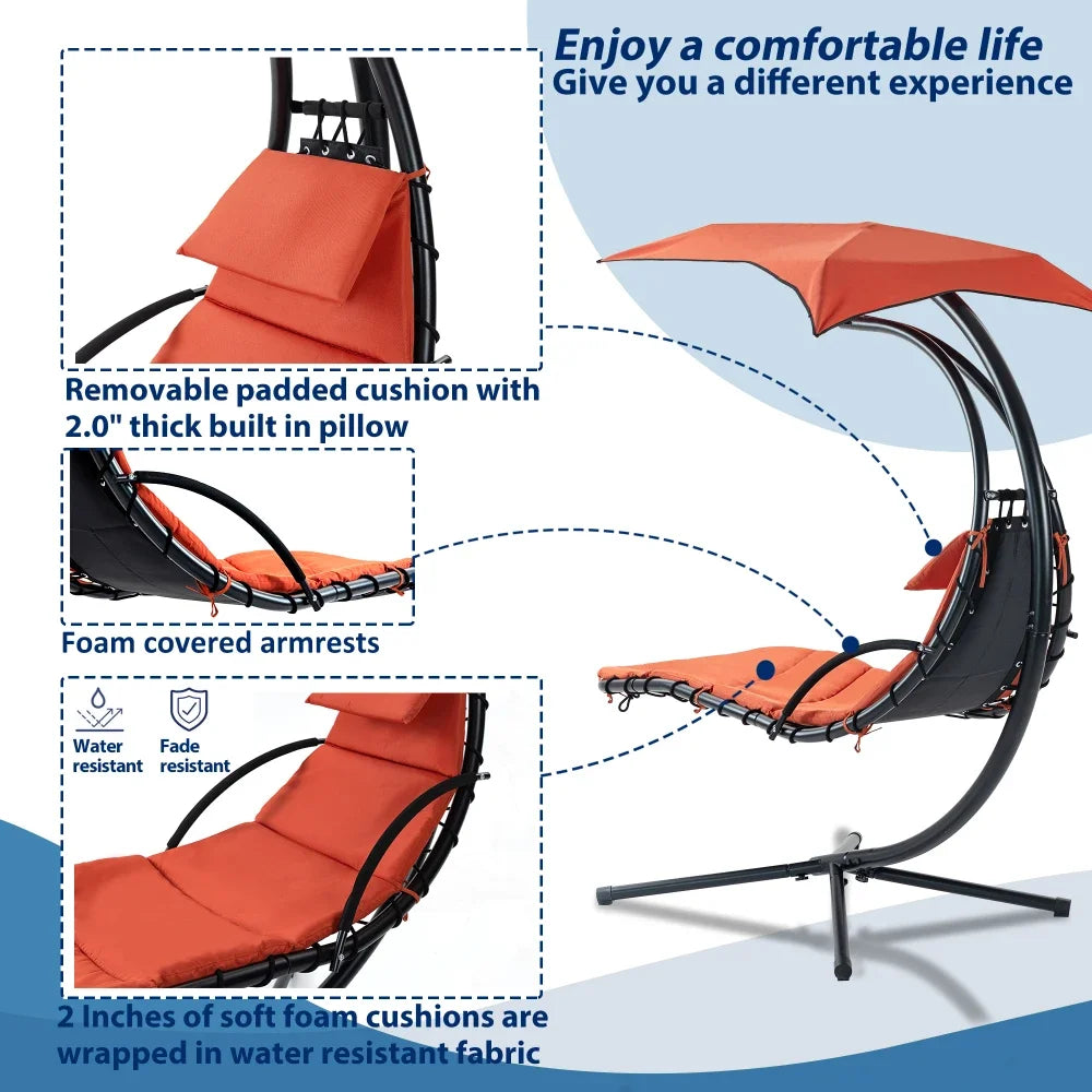 Hanging Chaise Lounger With Removable Canopy, Outdoor Swing Chair With Built-in Pillow, Hanging Curved Chaise Lounge Chair Swing