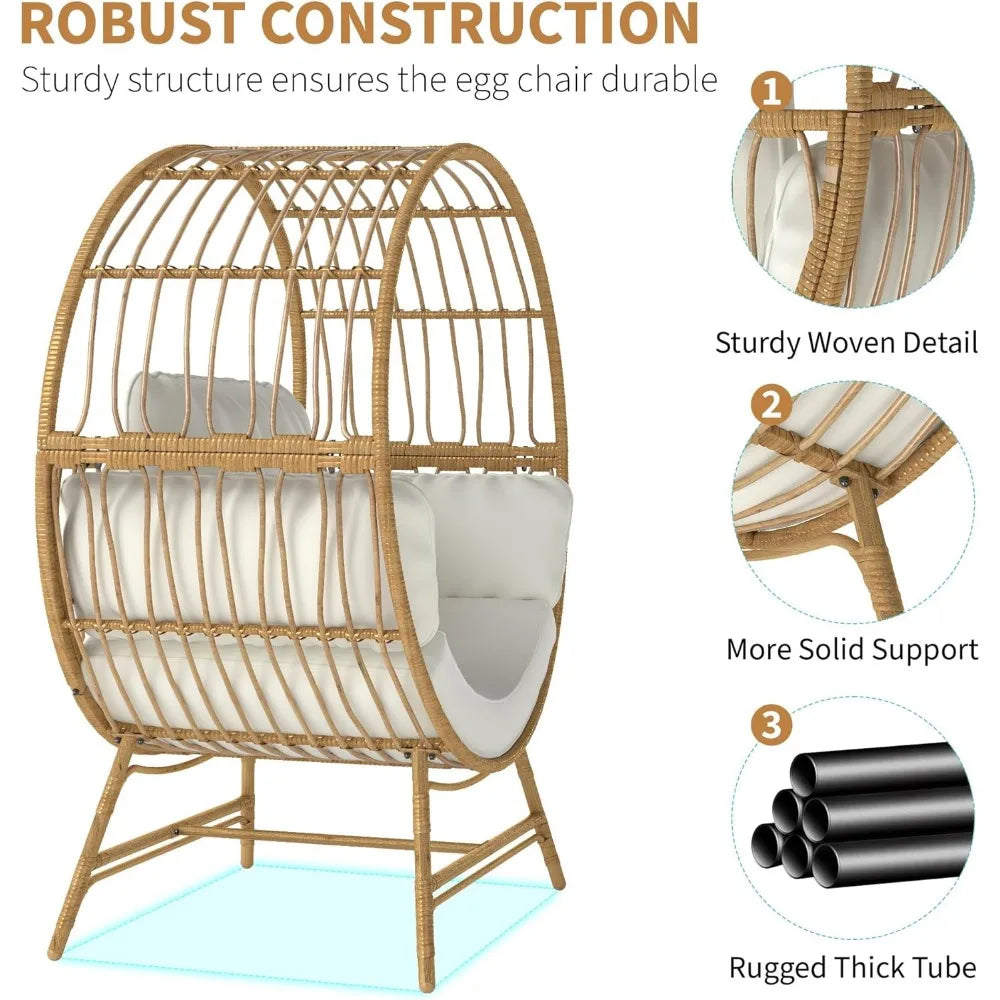 Egg Chair Outdoor Indoor, Oversized Rattan Chair with Thicken Cushion, 350LBS Capacity Wicker Patio Lounge Chair, Basket Chair f