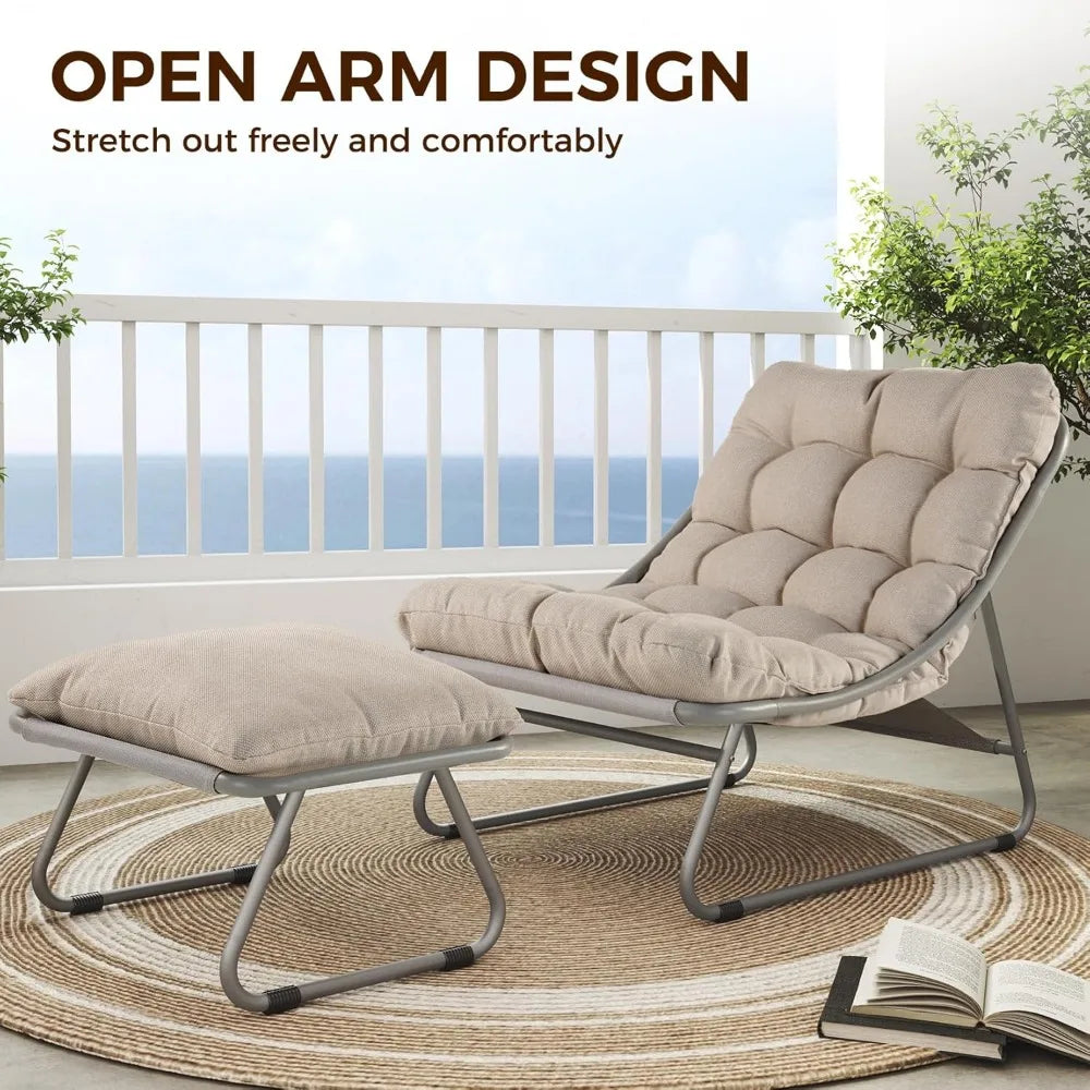 Outdoor Lounge Chair with Foot Stool, Comfy Sling Recliner Chair with Puffy Cushion and Foot Rest, Modern Patio Furniture Set f