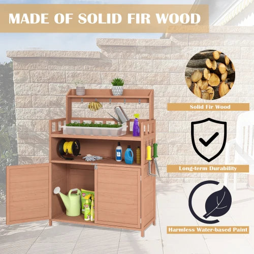Outdoor potted plant workbench, garden planting workstation, terrace with storage cabinet and roof rack, side with hooks