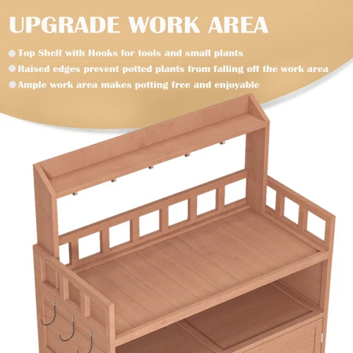 Outdoor potted plant workbench, garden planting workstation, terrace with storage cabinet and roof rack, side with hooks