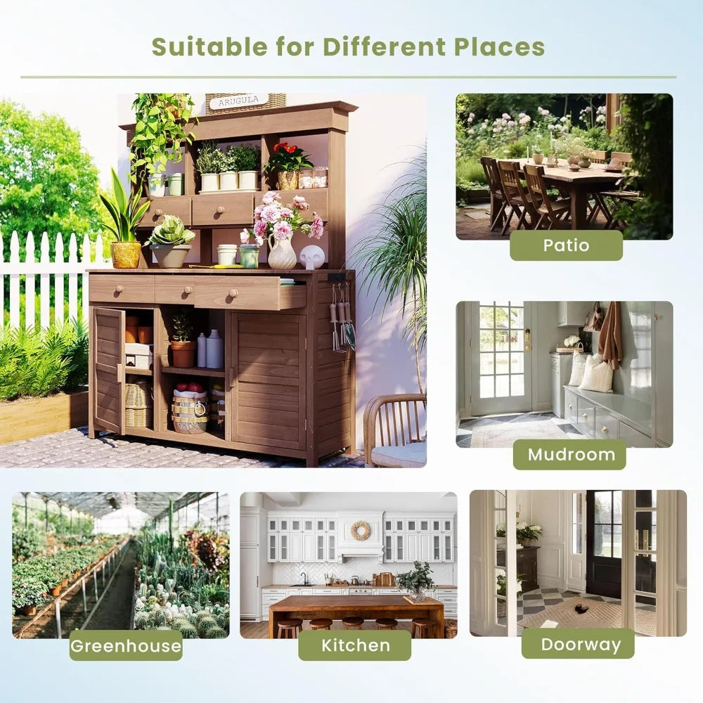Large Outdoor Potting Table with Storage, Wood Garden Potting Bench, Garden Work Bench, 65 inch Outdoor Potting Bench Table