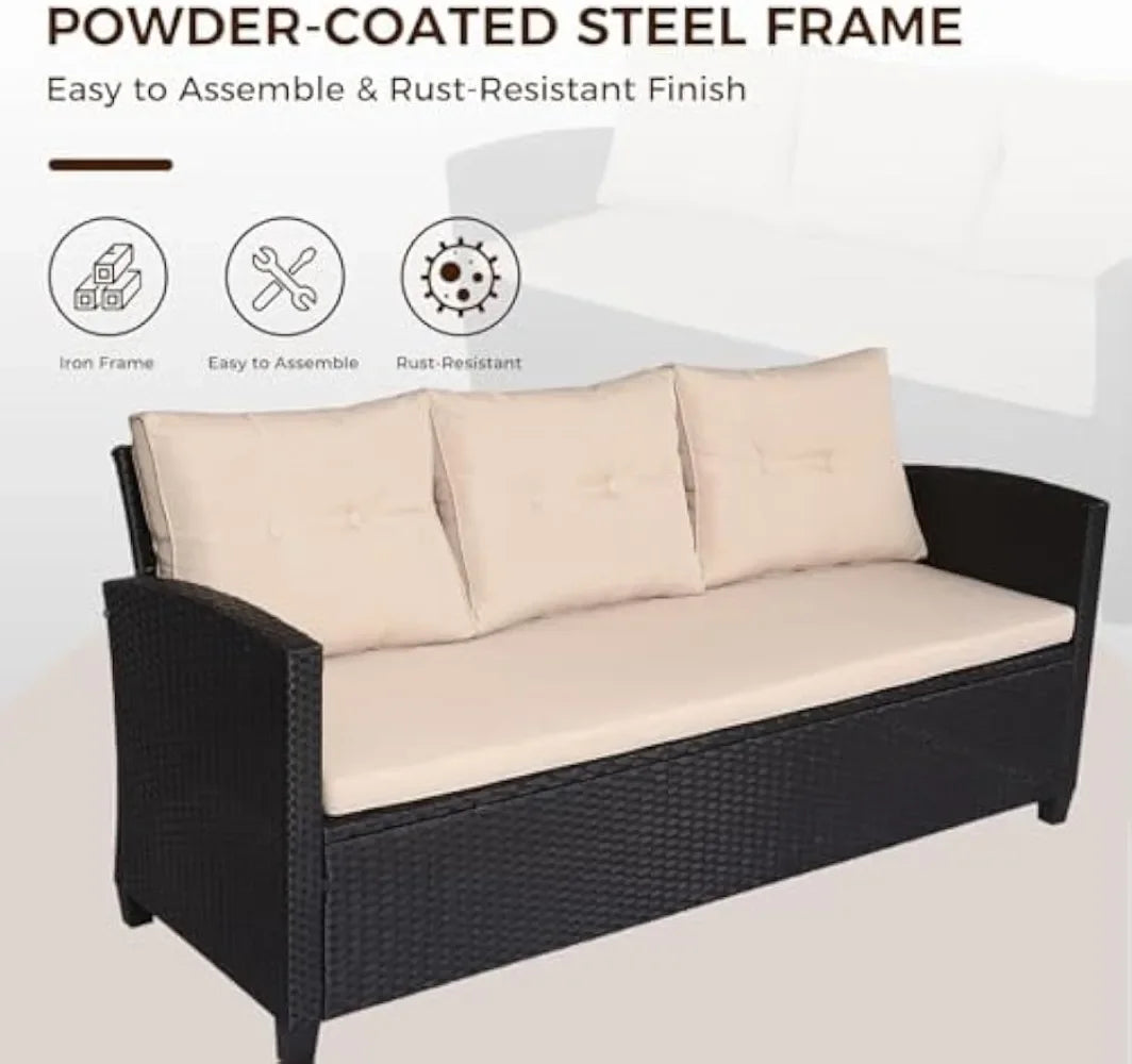 Patio Conversation Set - 3 Piece Patio Sectional Sofa Set, Coffee Table, Black/Beige