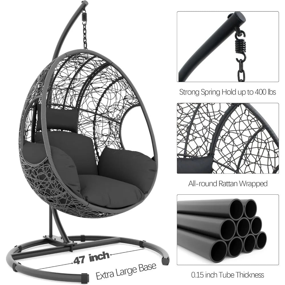 Oversized Hanging Egg Chair Outdoor Indoor, Wicker Swing Egg Chair with Stand 400lbs Capacity for Bedroom, Patio, Garden and Bal