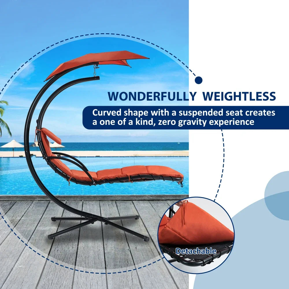 Hanging Chaise Lounger With Removable Canopy, Outdoor Swing Chair With Built-in Pillow, Hanging Curved Chaise Lounge Chair Swing
