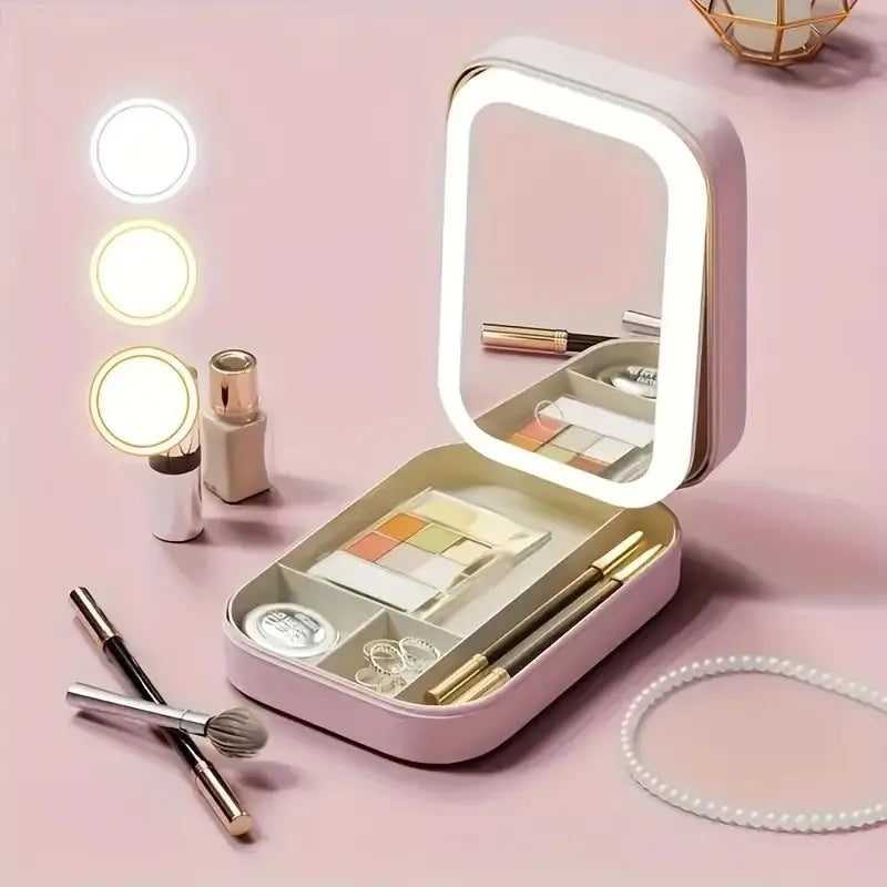 Portable LED Vanity Mirror with USB Charging, Pink Leather Case, Jewelry Storage, Rechargeable & Foldable for Travel, Students,