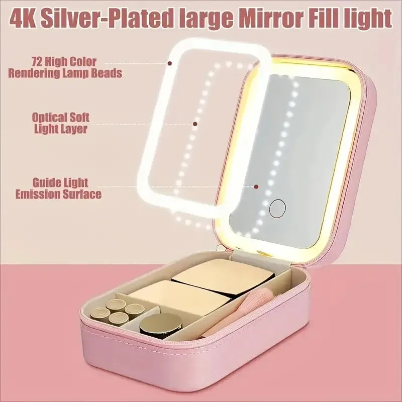 Portable LED Vanity Mirror with USB Charging, Pink Leather Case, Jewelry Storage, Rechargeable & Foldable for Travel, Students,