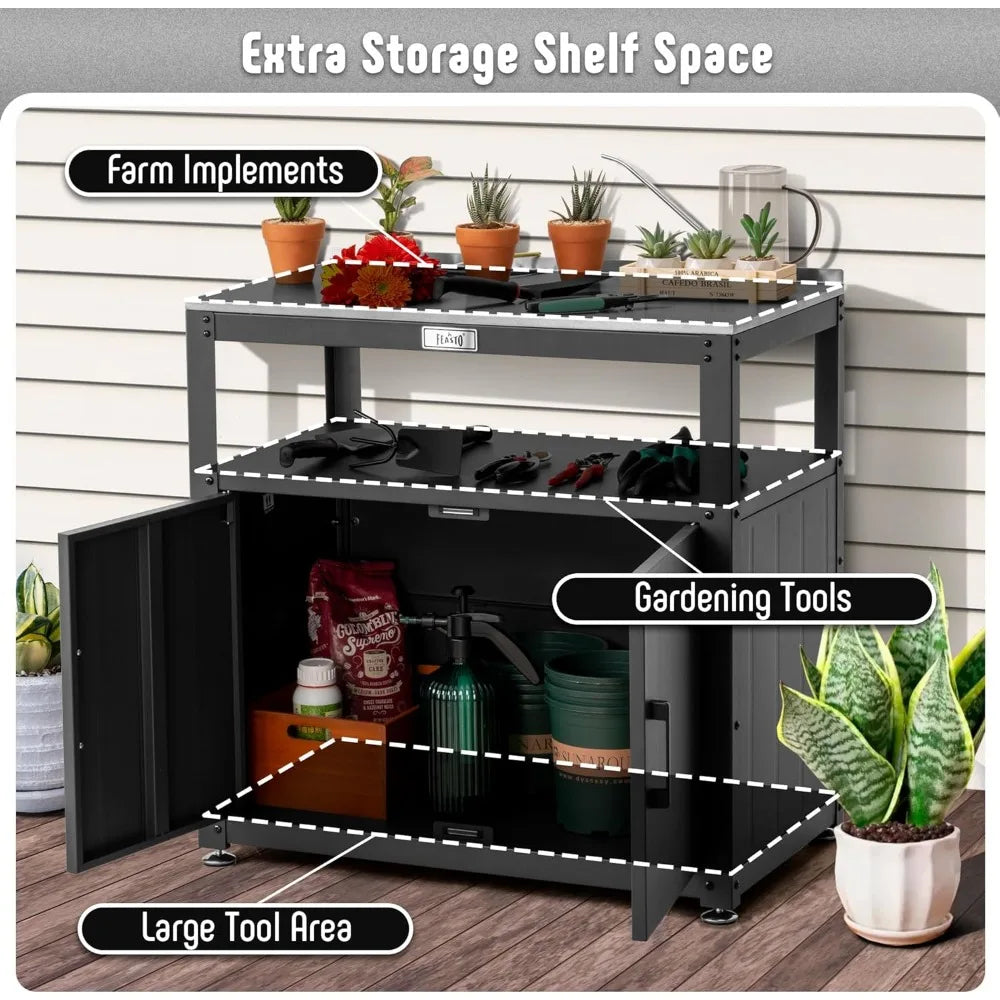 Garden Potting Bench with Storage Cabinet,Outdoor Gardening Table & Work Bench for Plants, Horticulture,Outdoor Workstation with