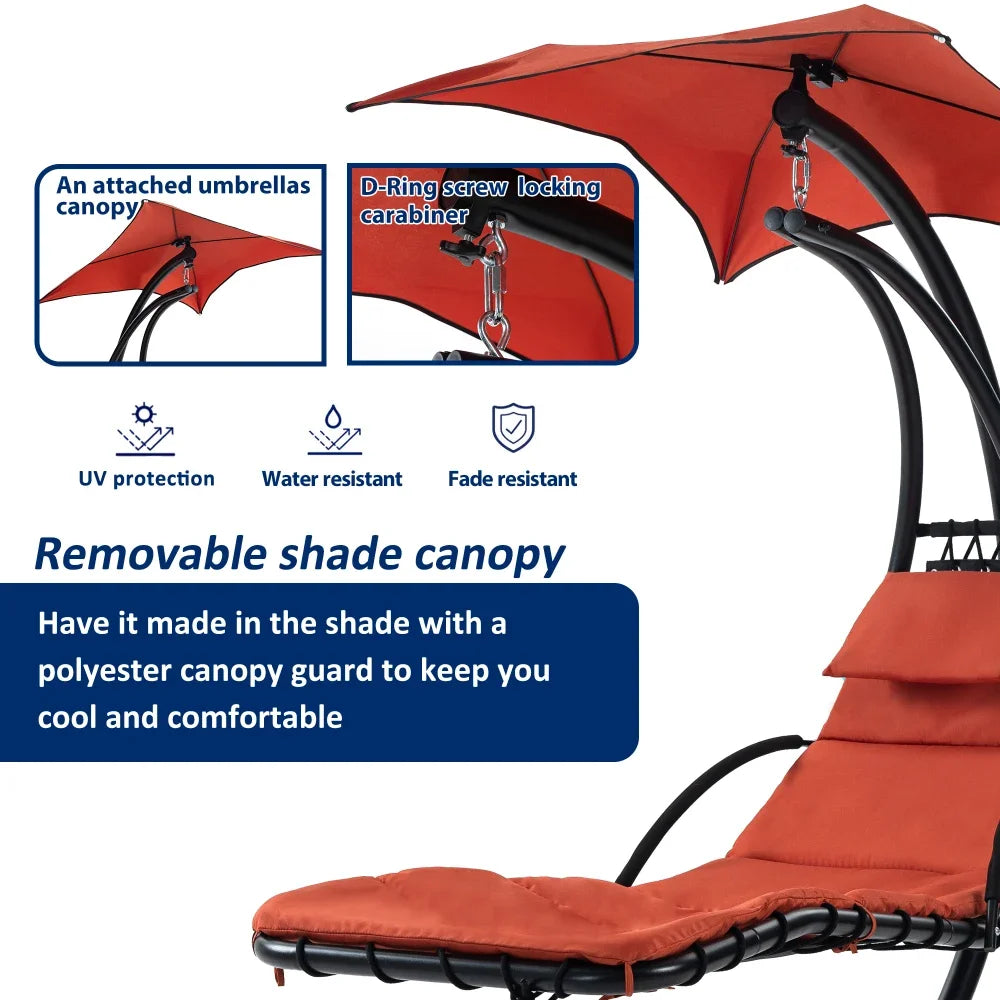 Hanging Chaise Lounger With Removable Canopy, Outdoor Swing Chair With Built-in Pillow, Hanging Curved Chaise Lounge Chair Swing