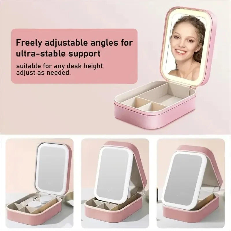 Portable LED Vanity Mirror with USB Charging, Pink Leather Case, Jewelry Storage, Rechargeable & Foldable for Travel, Students,
