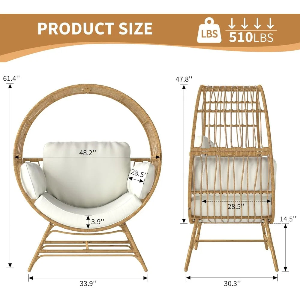 Egg Chair Outdoor Indoor, Oversized Rattan Chair with Thicken Cushion, 350LBS Capacity Wicker Patio Lounge Chair, Basket Chair f