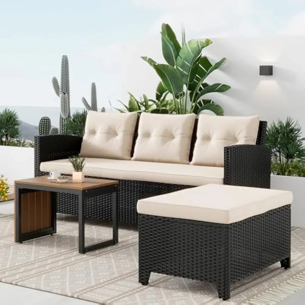 Patio Conversation Set - 3 Piece Patio Sectional Sofa Set, Coffee Table, Black/Beige
