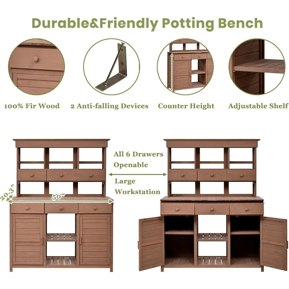 Large Outdoor Potting Table with Storage, Wood Garden Potting Bench, Garden Work Bench, 65 inch Outdoor Potting Bench Table